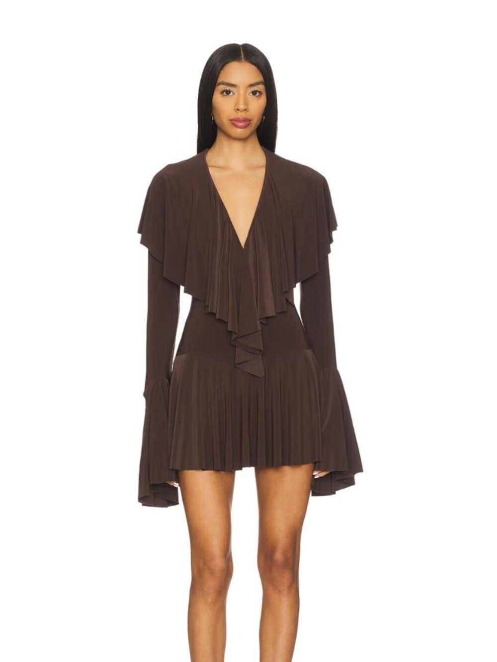 Norma Kamali x REVOLVE Long Sleeve Deep V Ruffle Mini Dress Chocolate Brown XS
